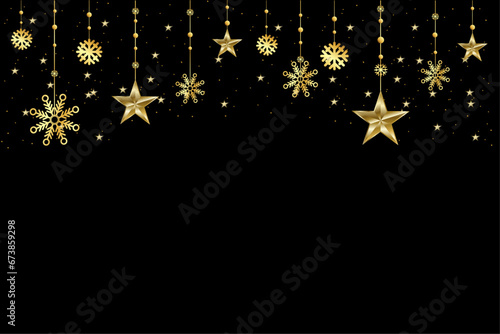 Happy New Year 2024, banner with gold snowflakes and stars on a black background. Can be used for, invitation card template, poster, banner, flyer, background.Vector illustration.