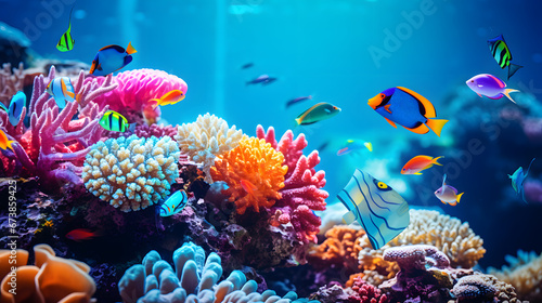 A colorful coral reef, with vibrant fish as the background context, during a thriving underwater ecosystem