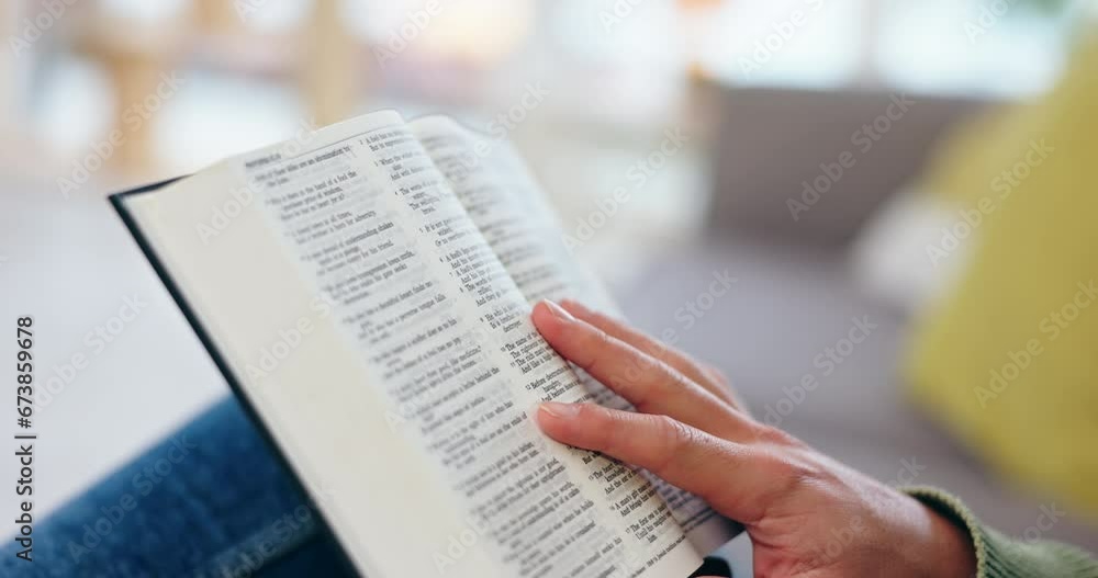 Bible, hands and home for studying religion, faith or mindfulness in closeup with holy spiritual scripture. Christian literature, reading and ethics for knowledge, language and man with Jesus Christ