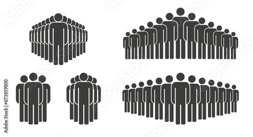 Large and small solid black groups of men. Stick figures people crowd icon set. Flat vector illustration isolated on white background.