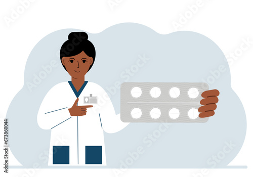 A female doctor in a white coat holds a large plate with pills. Vector