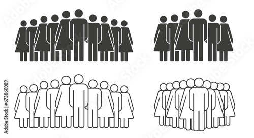 Large and small solid black and outline groups of men and women. Stick figures people crowd icon set. Flat vector illustration isolated on white background.