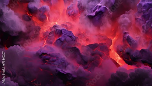 A molten stream of lilac lava flows from a volcano, the intense heat causing it to bubble and churn, creating a fiery and dangerous yet breathtaking sight. photo