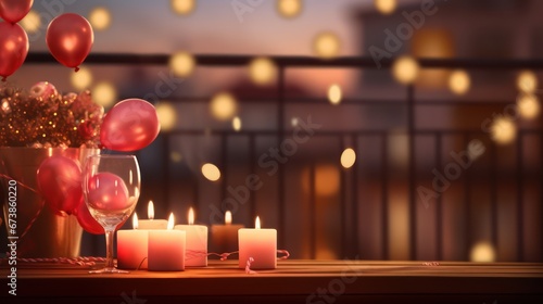 Balcony with burning candles and other decorations on a bright bokeh background