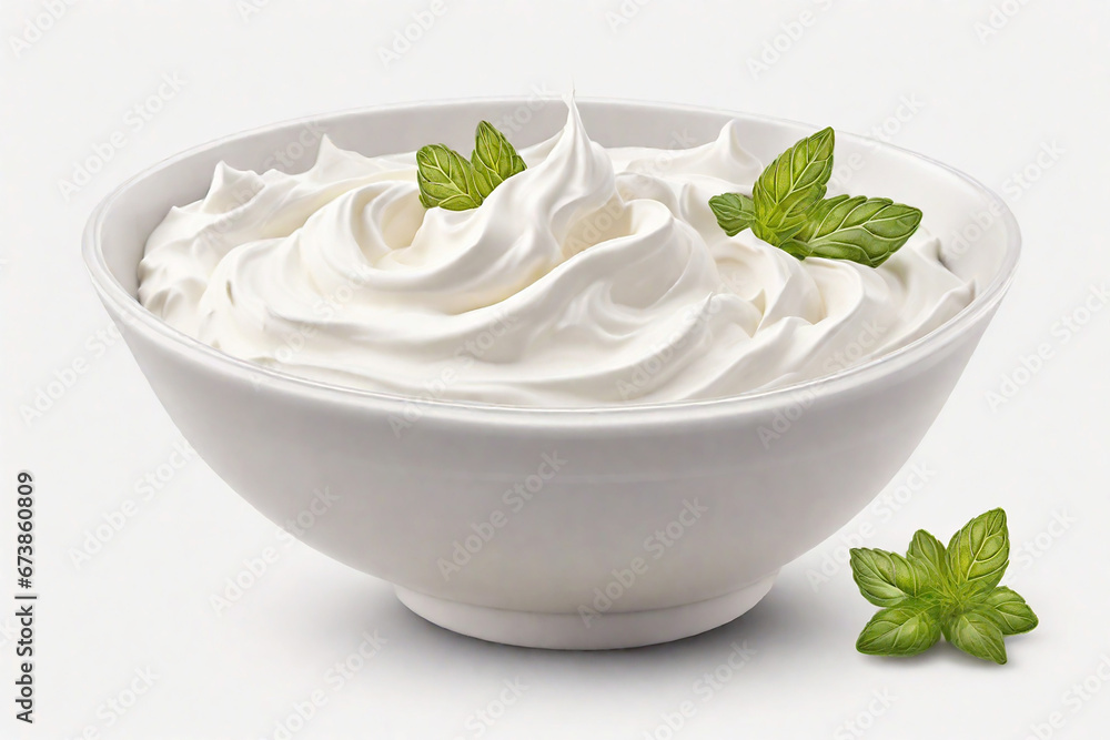 Creamy sour cream in a bowl with mint leaves on a white background Creamy sour cream in a bowl with mint leaves on a white background
