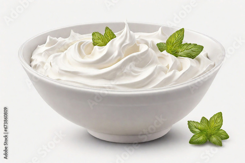 Creamy sour cream in a bowl with mint leaves on a white background