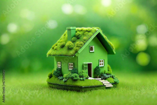 Eco House In Green Environment. Miniture House On Grass. photo