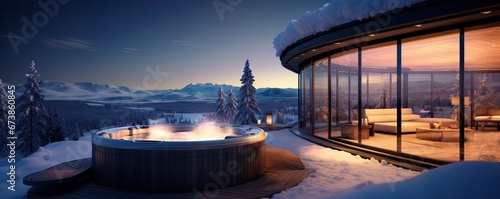 luxury hot tub outdoor in snowy winter landscape at night © krissikunterbunt