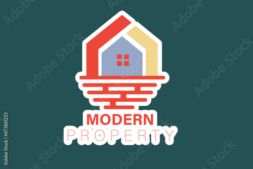 Abstract Wave and House Home Sticker logo design. Creative Modern Beach property sticker design icon.
