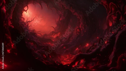 Thick, oozing tendrils of puce snaking through a dark, amorphous mass, emitting an otherworldly glow.