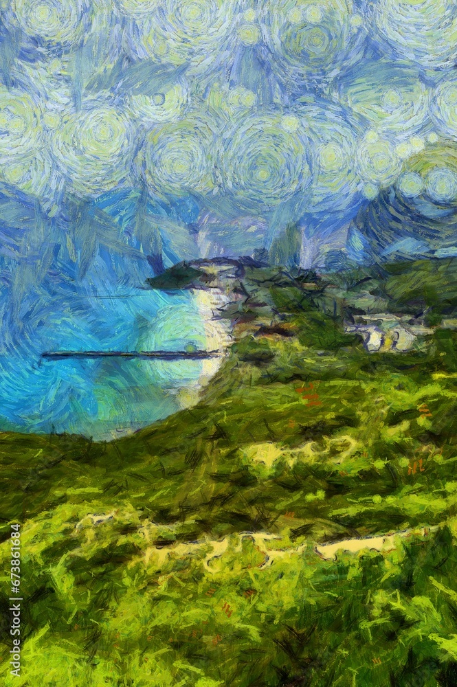 The island beach landscape is an impressionist style painting.