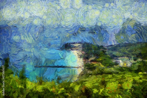 The island beach landscape is an impressionist style painting.