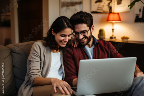 Happy young couple sitting on couch at home and using a laptop together.