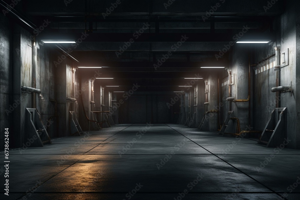 A dim underground corridor with white lights, concrete and metal structures, leading to an empty realistic warehouse hallway. Generative AI
