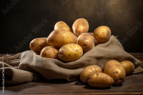 a pile of potatoes on a rustic table. Generative AI