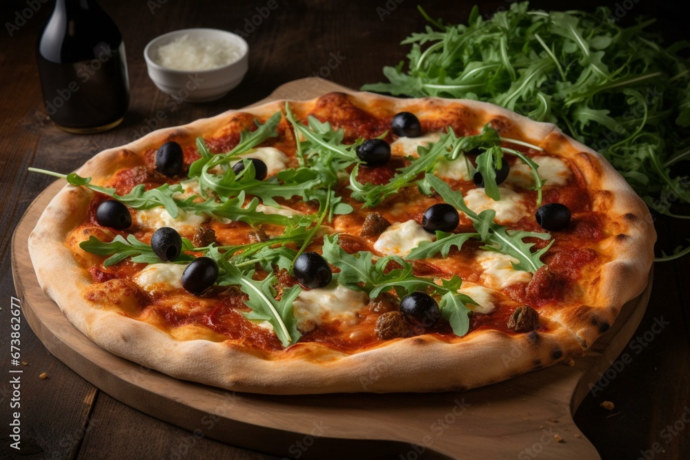 Pizza topped with spicy nduja, mozzarella, olives, and arugula on a wooden table. Generative AI