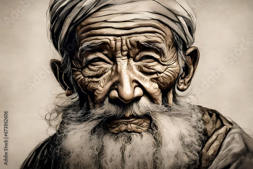 A portrait of a wise old sage, his weathered face and flowing beard rendered with care in ink on silk, 
