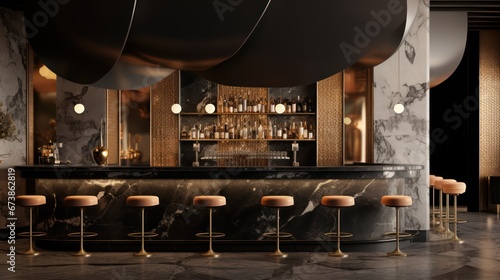 Luxury bar made of marble with yellow neon lighting photo