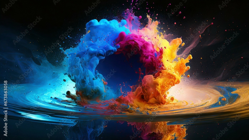 Obraz premium Splash of color paint. Colored pattern powder explosion. Abstract psychedelic pastel light background. Generative AI