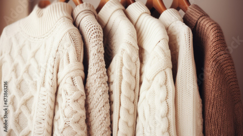 Cozy comfort fashion wardrobe winter 2024, What To Wear This winter. Many warm knitwear sweater for cold season. Cozy white and beige sweaters and knitwear hanging on hangers in the closet. photo