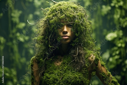 Woman Plants Tree Greenery on Face depicting Nature Environmental Protection Conservation Green Forest Artistic Creative Concept Art for Advertising Promotional Materials Presentation Background