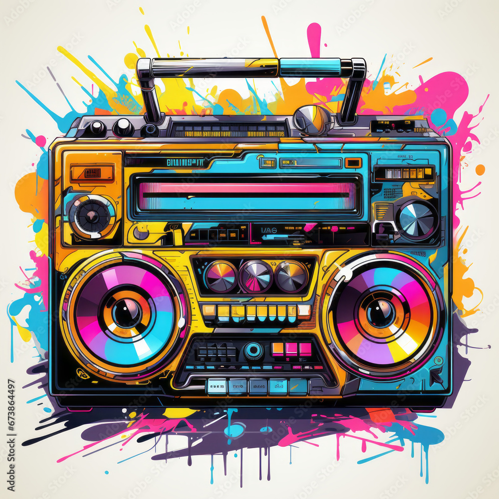 Nostalgic 90s-style T-shirt design with neon boombox. generative ai Nostalgic 90s-style T-shirt design with neon boombox. generative ai