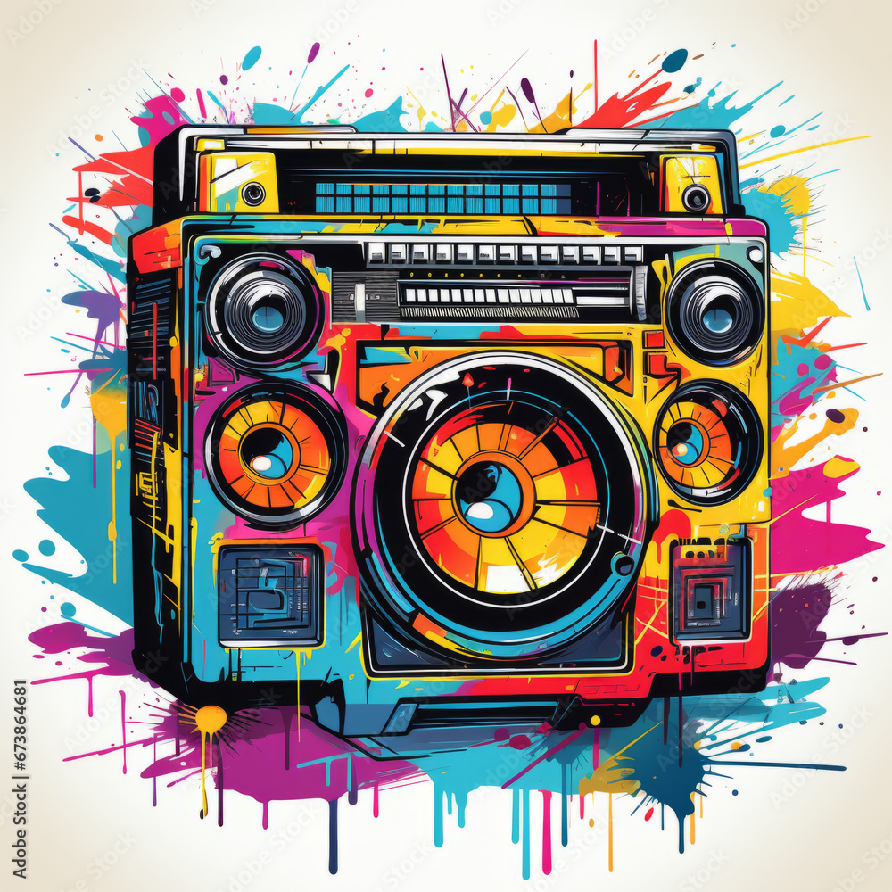 Obraz premium Nostalgic 90s-style T-shirt design with neon boombox. generative ai
