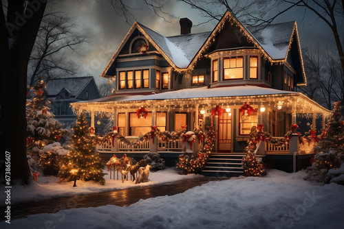 Winter Holiday House Illuminated at Night Amidst Snowy Architecture