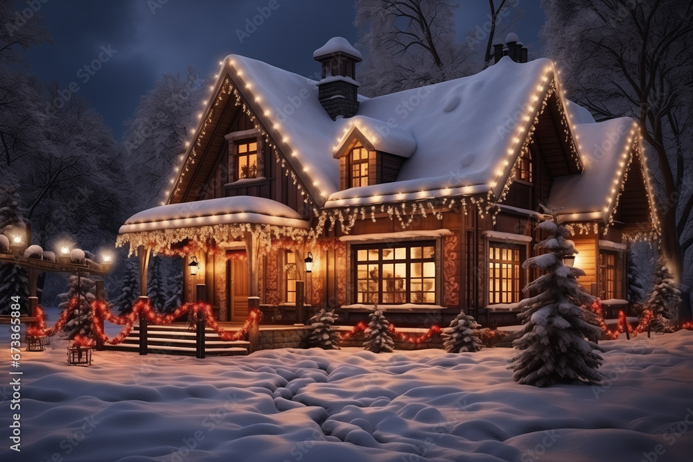 Winter Holiday Celebration: Illuminated House and Snow-Covered Trees in Nighttime Winter Wonderland