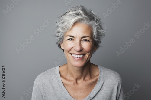 A Portrait of Joy: Against a Plain Grey Background, a Mature Lady's Smile Shines with Happiness, Echoing the Tranquil Beauty of Aging Gracefully