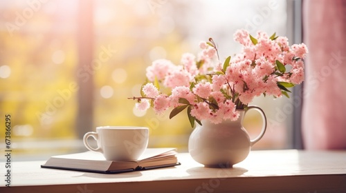 Morning Refreshment: Blooming Flowers and Hot Drink in a Cozy Indoor Setting generated by AI tool 
