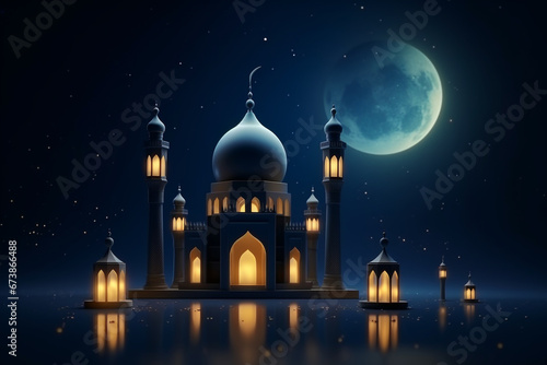 3d ramadan night banner template. Cute mosque and lantern displayed on stages with glowing light in the evening