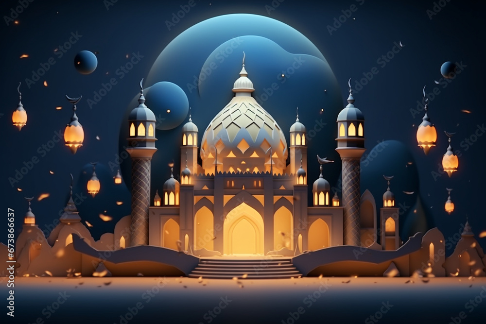 3d ramadan night banner template. Cute mosque and lantern displayed on stages with glowing light in the evening