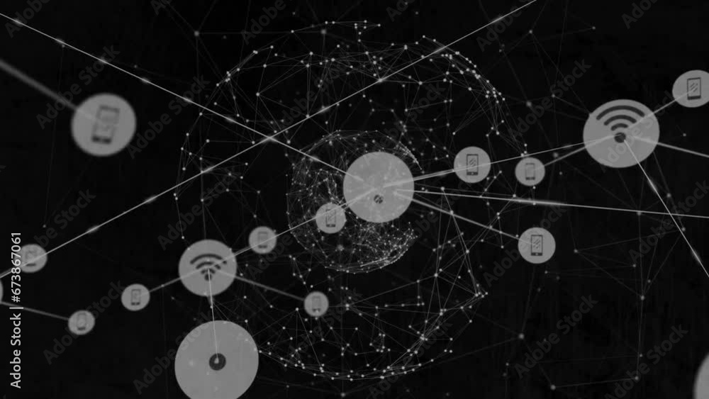 Animation of globe with network of connections with wifi icons on dark background Animation of globe with network of connections with wifi icons on dark background