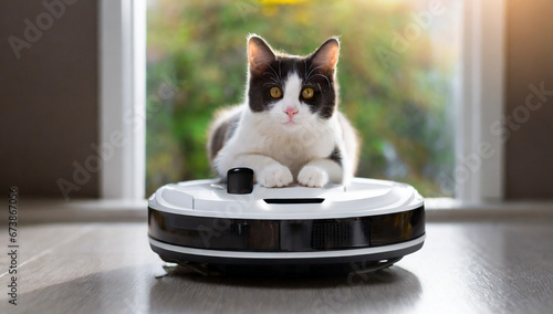 cat on robot vacuum cleaner