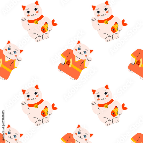 white cats maneki neco - japan seamless patterns photo