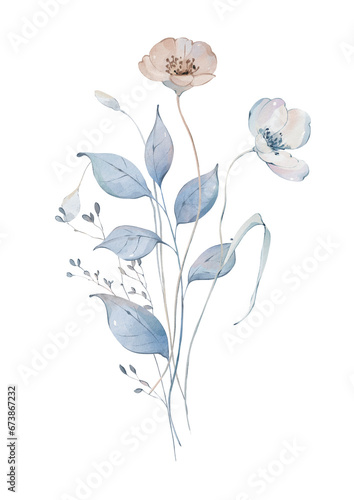 Watercolor winter bouquet of frozen dry flowers