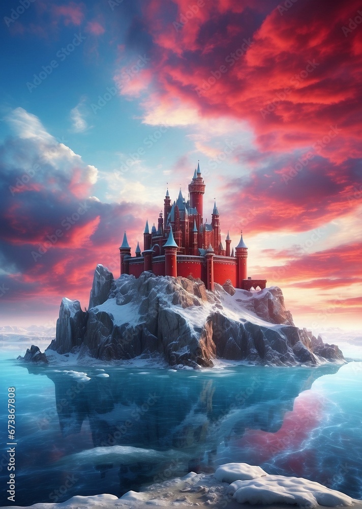 a castle in the island, a frozen planet with red clouds in the sky, generative ai illustration
