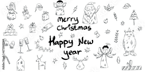 Outline christmas and new year hand drawn doodle  Santa  deer  gifts  bear  angels  bell  stars  snowflakes candy  and more. Use for greeting cards  posters  icons  clip art  stickers  wrapping paper