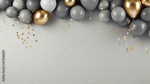 minimalist gray party background with a gray and golden ballons with empty copy space