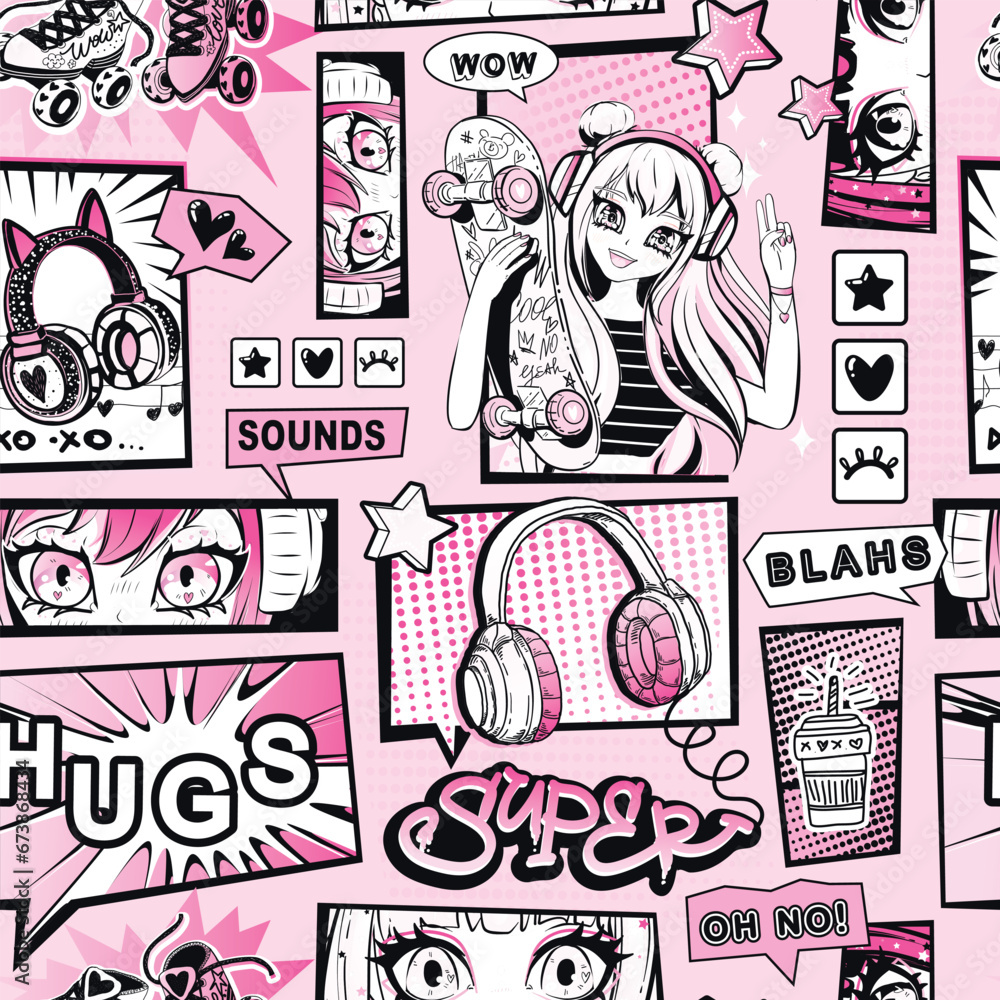 Abstract seamless pattern with anime girl, eyes, gamepad, headphones, skateboard, roller skates, speech bubble with text, hearts, stars sign. Teenager repeat print. Girlish fashion ornament. - obrazy, fototapety, plakaty 