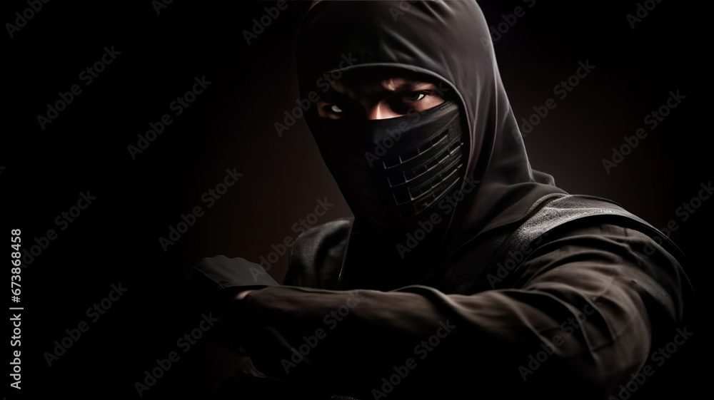 Assassin ninja in black clothes on dark background ,generative ai Assassin ninja in black clothes on dark background ,generative ai