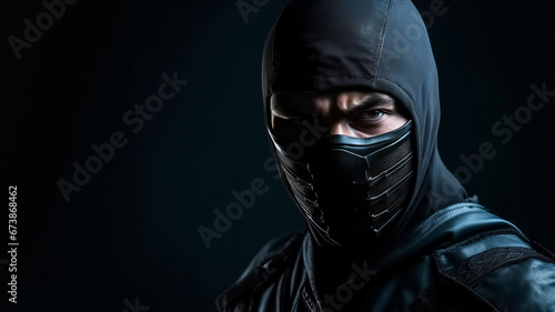 Assassin ninja in black clothes on dark background ,generative ai
