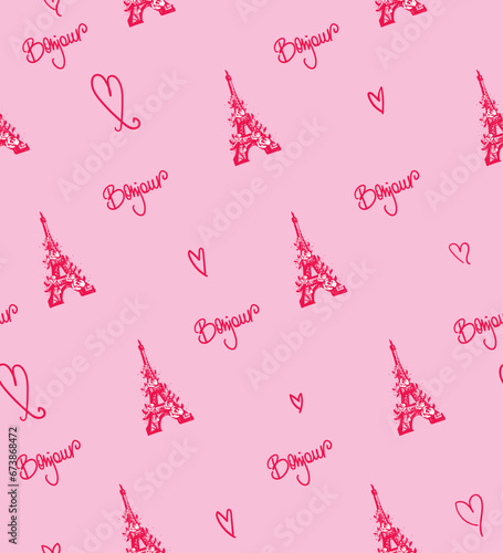 Abstract seamless Paris pattern with Eiffel tower and text Bonjour. Lettering ornament.