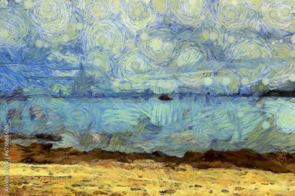 The island beach landscape is an impressionist style painting.