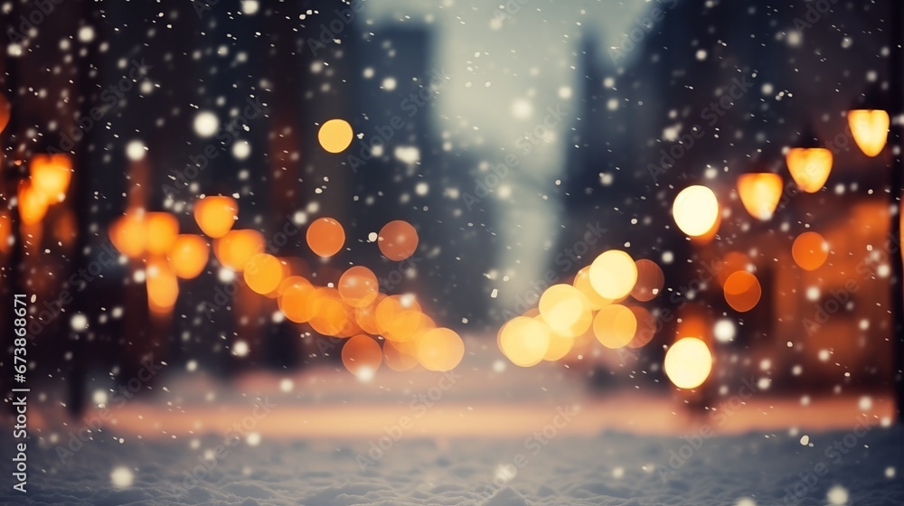 an abstract Christmas background, blurred city street on a festive night, with snowfall and twinkling Christmas lights an abstract Christmas background, blurred city street on a festive night, with snowfall and twinkling Christmas lights