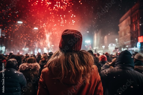 a girl in winter clothing is captured from behind, surrounded by the joyful crowd, New Year's Eve street celebration