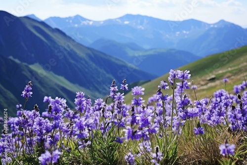 Purple wild flowers amidst mountain range. Generative AI
