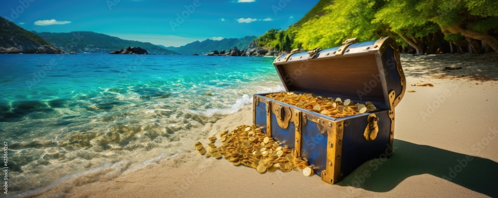 treasure chest on tropical paradise beach landscape - obrazy, fototapety, plakaty 
