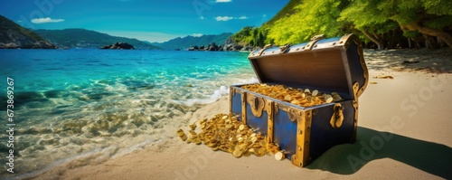 Vászonkép treasure chest on tropical paradise beach landscape